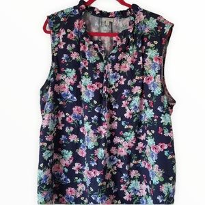 Talbots Navy Pink Floral Sleeveless Blouse Size M